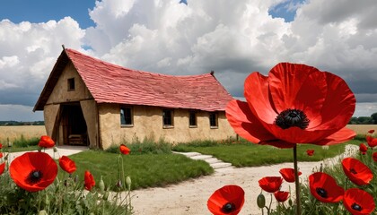 Sticker - Red Poppies and a Rustic Cottage in a Field. with copy space for text