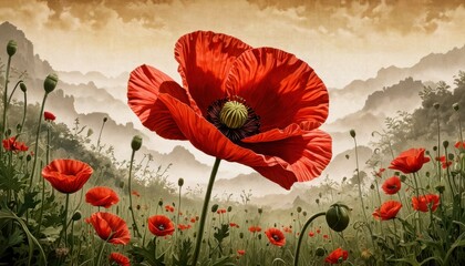 Wall Mural - Red Poppy Flower in a Field with Mountains in the Background. with copy space for text