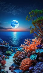 Underwater Coral Reef with Moonlit Sky. with copy space for text