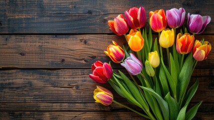 Wall Mural - Colorful tulip bouquet on wooden backdrop for Mother s Day and International Women s Day space for message