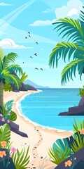 Sticker - Tropical Beach with Palm Trees and Blue Sky