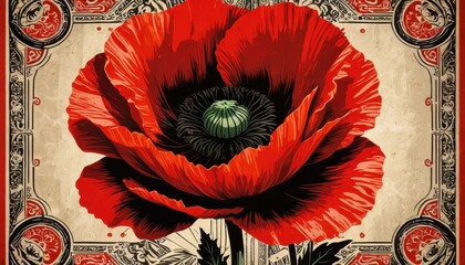 Wall Mural - Red Poppy Flower with Ornamental Frame.