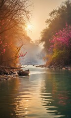 Poster - Tranquil River at Sunrise with Wooden Boat.