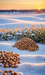 Poster - Potatoes in the snow at sunset.