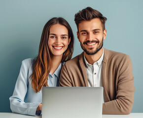 A cheerful young couple collaboratively working on a laptop, their expressions exuding teamwork and professionalism, set against a soothing teal background.