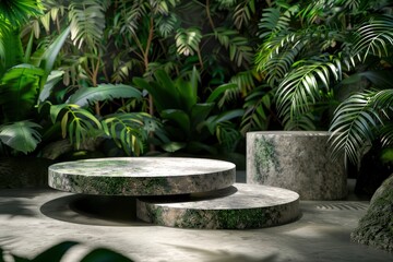 Wall Mural - Stone platform pedestal in tropical forest for product presentation and green forest.3D rendering - generative ai