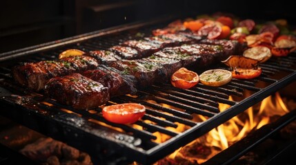 Wall Mural - many meats and vegetables cooking on a grill