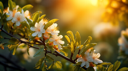 Poster - Beautiful White Blossoms on a Branch with Sunlight and Green Leaves