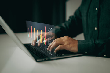 Fototapete - Person typing on a laptop with bar charts and data visualizations floating above. It represents data analysis, business intelligence, and the use of digital tools for performance tracking.