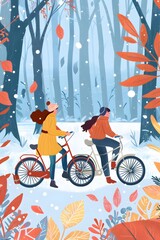 Winter Forest Cycling Illustration With Two Women