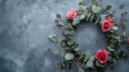 Poster - Rose and eucalyptus wreath on a gray backdrop with space for text top down view