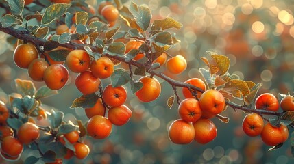 Wall Mural - Branch of apple tree with many ripe red apples growing in orchard during golden hour