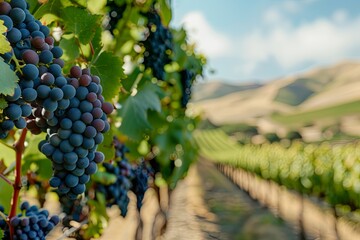 Close-up of ripe grapes on a vine with rows of grapevines in the background.