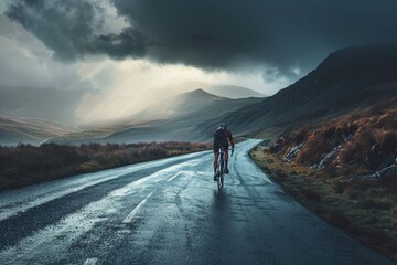 Wall Mural - A person cycling down a wet and slippery road, focusing on the ride