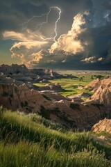 Wall Mural - a bright flash of energy illuminates the dark clouds as a lightning bolt strikes through the stormy 