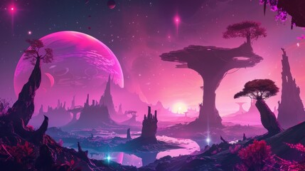 Canvas Print - Pink Planet Landscape with Strange Trees