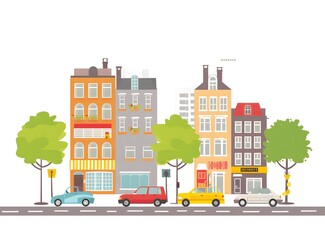 Cartoon Illustration of a City Street With Cars and Buildings