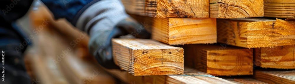 Construction Worker Handling Timber Beams for Roofing Structure ...