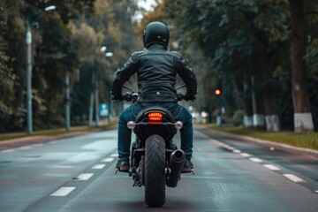 Wall Mural - A motorcyclist rides down a busy urban street