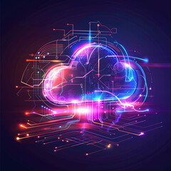 A cloud with glowing data flowing through it, in a futuristic style, with circuit board and tech elements around the cloud, colorful lights on a dark background