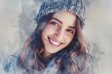 Wall Mural - A young girl with long hair and a knitted hat, outdoors