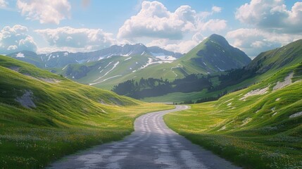 Sticker - A scenic road winds its way through a lush valley surrounded by towering mountains