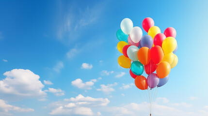 Poster - Colorful Balloons Against Clear Blue Sky With Light White Clouds Festive Vibrant Scene