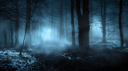 a halloween background showing a scary forest at night with trees mist