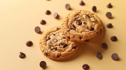 two chocolate chip cookies on a yellow surface with chocolate chips