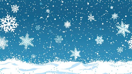 Snowfall Seamless Pattern in Flat Style - Ideal for Christmas Greeting Cards or Banners. Vector EPS Illustration of White Snow on Sky Blue Background.