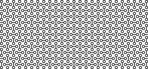 Seamless geometric pattern with circles, lines. Black and white network background.