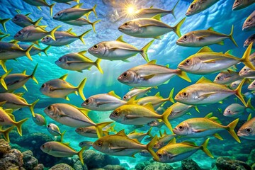 Canvas Print - Vibrant yellowtail fish dart and weave in unison, their shimmering scales catching sunlight as they swim through the crystal-clear turquoise waters of a coral reef ecosystem.