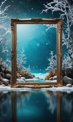 Sticker - Golden Frame in Snowy Winter Landscape.