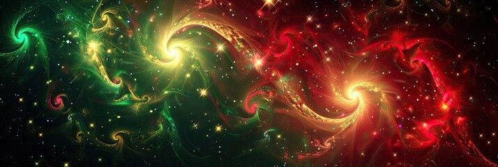 Abstract Christmas background with red and green swirling lights and stars