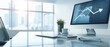 © Paul - An executive office with a sleek desk, digital charts on a wall screen, and arrows indicating financial growth, success, and strategic direction
