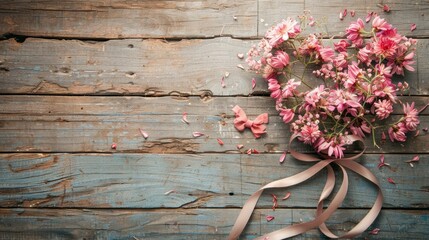 Wall Mural - Heart shaped flowers with ribbon on vintage wooden background love theme in vintage style