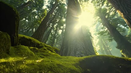 Poster - Sunlight breaks through the dense canopy of towering trees illuminating the lush green forest floor creating a peaceful and majestic scene.