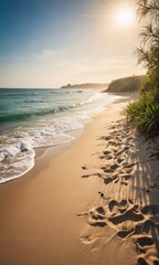 Canvas Print - Sandy Beach at Sunset with Footsteps.