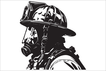 The helmet of a firefighter. Fire protection. Fireman head in helmet with gas mask. Firefighter Helmet Silhouette. 