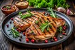 © DigitalArt Max - Savory grilled pork chops rest on a dark plate, garnished with fresh herbs and aromatic spices, evoking a sense of warmth and comforting culinary delight.