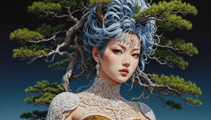 Poster - Woman With Blue Hair and Bonsai Tree.