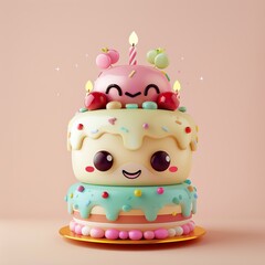 Cute, cartoon-style birthday cake with two tiers, pastel colors, and smiling faces. Perfect for celebrations and children's parties.