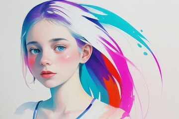 A vibrant illustration of a young, blue-eyed girl with colorful hair, capturing whimsical and imaginative artistry.