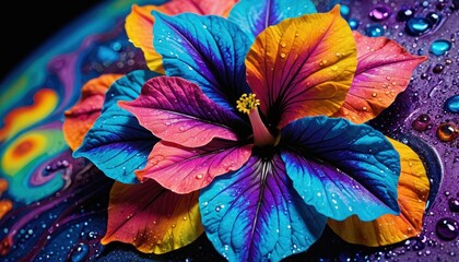 Wall Mural - Vibrant Multicolored Flower with Water Drops.