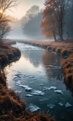 Canvas Print - Misty River With Ice Floes and Sunrise