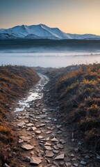 Wall Mural - Stone path leading through foggy valley towards snowy mountains.