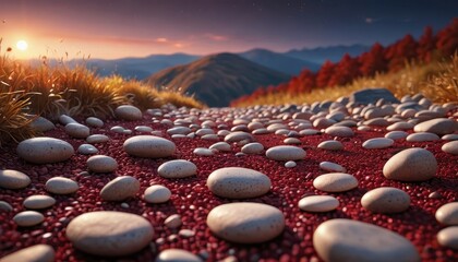 Canvas Print - Smooth Stones On Red Gravel Path With Sunset Mountains In Background.