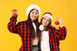 © Pixel-Shot - Young lesbian couple in Santa hats with Christmas balls on yellow background