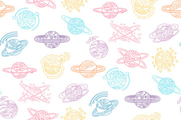 Wall Mural - Fantasy planets doodle seamless pattern. Abstract planets boundless background. Fantastic galaxy endless cosmos design repeat print, fabric textile, repeat wrapper space backdrop template astronomical