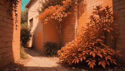 Sticker - Brick Wall Pathway with Lush Foliage.